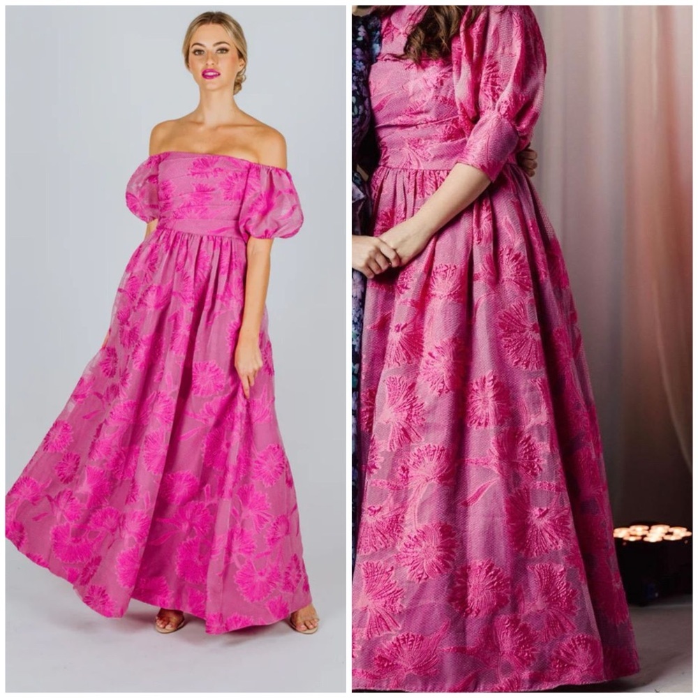 Monique L’huillier / Hot Pink Floral Puff Sleeve Altered Jacquard Gown 8